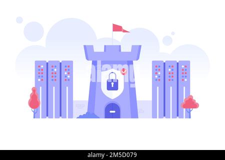 Data protection. Safe cyber space concept with castle, clouds and server racks. Computer online network and internet security. Antivirus, spyware, mal Stock Vector
