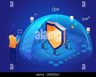 Antivirus software Isometric vector illustration of digital protection mechanism system privacy Cybersecurity malware security program Data secure Hac Stock Vector