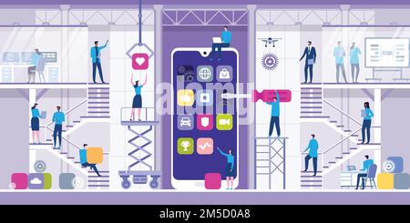 Mobile app development concept with characters. Developers building mobile apps and working together on a user interface, communication and technology Stock Vector