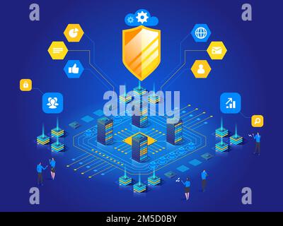 Antivirus software Isometric vector illustration of digital protection mechanism system privacy Cybersecurity malware security program Data secure Hac Stock Vector