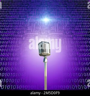 Vintage microphone and binary code. 3D rendering Stock Photo