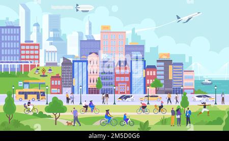 Modern city panorama flat vector illustration. Happy citizens cartoon characters. Smiling people rest in public park. Happy urban life, different acti Stock Vector