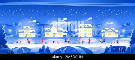 Snowy night with people in cozy town city panorama Winter town village landscape at night with christmas tree and snow Suburb background, postcard, we Stock Vector