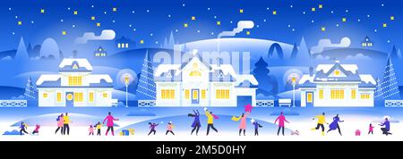 Snowy night with people in cozy town city panorama Winter town village landscape at night with christmas tree and snow Suburb background, postcard, we Stock Vector