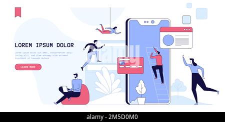 E banking landing page vector template. Internet bank website homepage interface idea with flat illustrations. Modern mobile technology. Finances mana Stock Vector