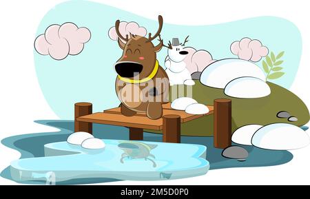 a cute deer came to the lake to watch the snow melt and ice floes float on the lake Stock Vector