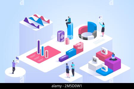 Business analytics isometric vector illustration. Professional analysts team 3D cartoon characters. Marketers analyzing data charts and diagrams. Soci Stock Vector