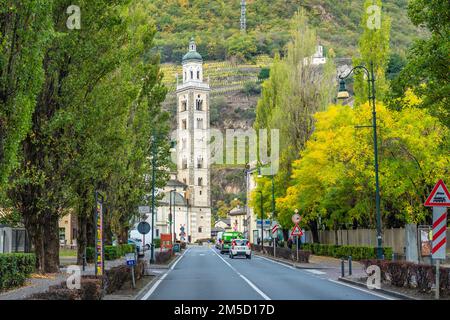 TIRANO,ITALY - OCTOBER 28,2022: View to the Church of Saint Martin in the streets of Tirano. Tirano is a town in Valtellina Stock Photo