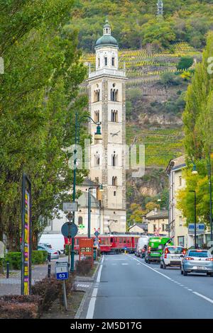 TIRANO,ITALY - OCTOBER 28,2022: View to the Church of Saint Martin in the streets of Tirano. Tirano is a town in Valtellina Stock Photo