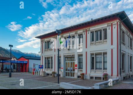 TIRANO, ITALY - OCTOBER 28,2022: Train station from Bernina express - Rhaetian Railway in Tirano in Valtellina, Sondrio Stock Photo