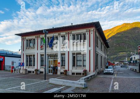 TIRANO, ITALY - OCTOBER 28,2022: Train station from Bernina express - Rhaetian Railway in Tirano in Valtellina, Sondrio Stock Photo