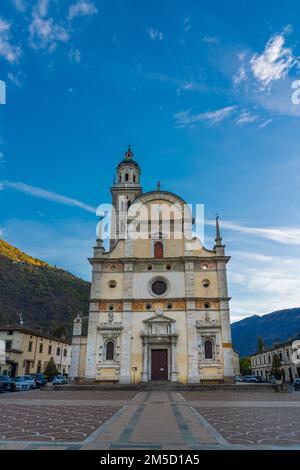 TIRANO,ITALY - OCTOBER 28,2022: View to the Church of Saint Martin in the streets of Tirano. Tirano is a town in Valtellina Stock Photo