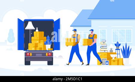 Moving house service. Moving with sofa and various boxes to new home. Pile of stacked cardboard boxes. Vector stock illustration in flat style. Stock Vector