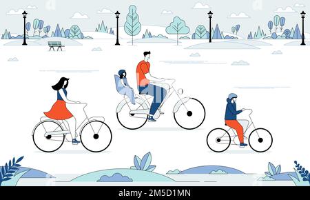 Sports and leisure outdoor activity. Cute family riding bicycles. Mom, dad and children on bikes at park. Parents and kids cycling together. Line vect Stock Vector