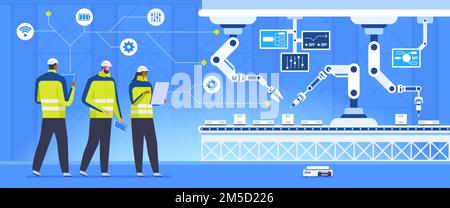 Conveyor inspection flat vector illustration. Futuristic factory workers cartoon character. Colleagues checking manufacturing systems. Smart industry, Stock Vector