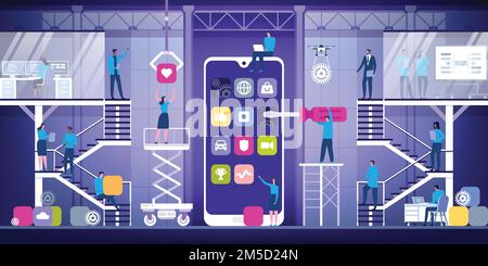 Mobile app development concept with characters. Developers building mobile apps and working together on a user interface, communication and technology Stock Vector