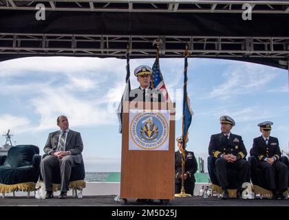 220303-N-OA516-1150  SAN DIEGO (Mar. 3, 2022) Vice Adm. Stephen Koehler, Commander, U.S. 3rd Fleet, gives remarks during the Ghost Fleet Overlord Transition Ceremony, on Naval Base San Diego. The ceremony celebrates the rapid advancements in autonomy that the Strategic Capabilities Office (SCO) enabled over the four years since the inception of the Ghost Fleet Overlord Program Stock Photo