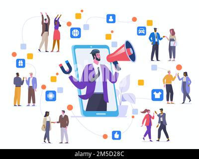 Referral program strategy flat vector illustration. Friends communicating and promoting each other goods cartoon characters. Internet marketing. Affil Stock Vector