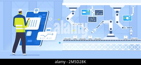 Production control flat vector illustration. Engineer in hard hat cartoon character. Factory employee working with interactive interface. Industry 4.0 Stock Vector