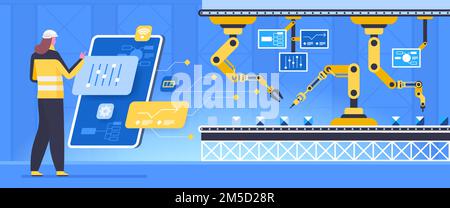 Conveyor configurations flat vector illustration. Futuristic factory worker cartoon character. Female engineer working with interactive interface. Aut Stock Vector