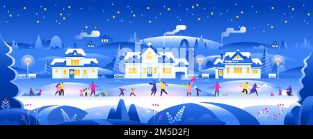 Snowy night with people in cozy town city panorama Winter town village landscape at night with christmas tree and snow Suburb background, postcard, we Stock Vector