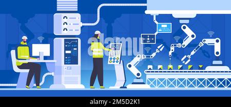 Innovative production flat vector illustration. Male and female engineers cartoon character. Modern computer technologies in manufacturing. Industry 4 Stock Vector
