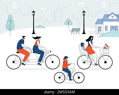 Sports and leisure outdoor activity. Cute family riding bicycles. Mom, dad and children on bikes at park. Parents and kids cycling together. Line vect Stock Vector