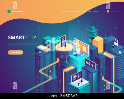 Smart city isometric illustration. Intelligent buildings. Streets of the city connected to computer network. Internet of things concept. Business cent Stock Vector