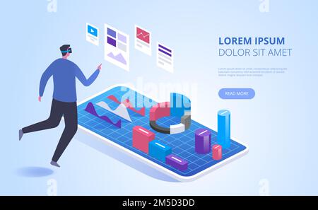 Virtual analysis landing page vector template. Modern business technology website homepage interface idea with isometric illustrations. Futuristic dat Stock Vector