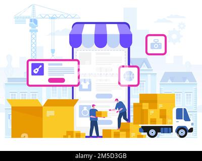 Delivery service concept. Truck with boxes and delivery workers or courier. Delivery of goods through online shop. Flat style vector illustration Stock Vector