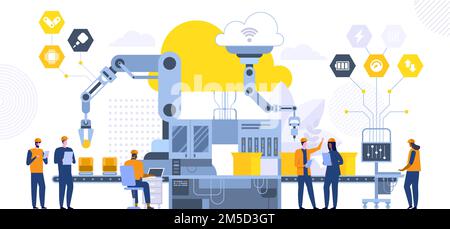 Automated assembling line flat vector illustration. Futuristic factory workers, engineers computer cartoon characters. Manufacturing process monitorin Stock Vector