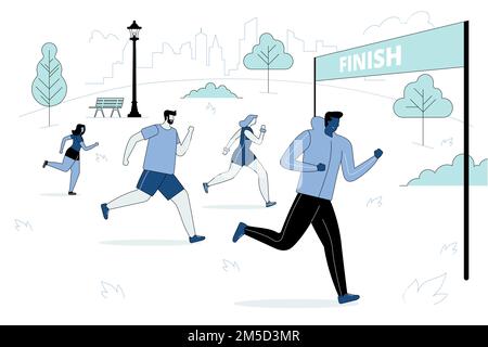 Marathon competition, outdoor workout or exercise, athletics. Men and women dressed in sportswear jogging or running through park. Healthy active life Stock Vector