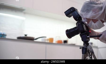 Crime Scene Site Police Photographer Indoors Forensic Domestic Murder Evidence Stock Photo