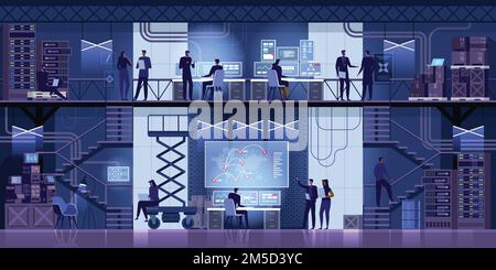 Professional IT Engineers Working in System Control Center Full of Monitors and Servers. Supervisor Holds Laptop and Holds a Briefing. Possibly Govern Stock Vector