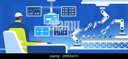 Assembling line administrator vector illustration. Engineer working with computer cartoon character. Manufacturing systems configurations. Smart facto Stock Vector