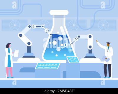 Biochemical experiment flat vector illustration. Doctors, chemists in white coats cartoon characters. Scientists studying chemical reaction, genetic e Stock Vector