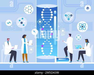 Human genome study flat vector illustration. Colleagues doctors, scientists cartoon characters. Genetic engineering laboratory, scientific research. F Stock Vector