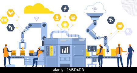 Industrial revolution flat vector illustration. Male and female factory coworkers, engineers cartoon characters. Manufacturing process, modern high te Stock Vector