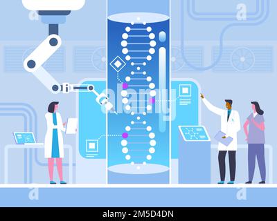Gene modification flat vector illustration. Doctors, scientists with assistant cartoon characters. Futuristic medicine, biotechnology, genetic enginee Stock Vector