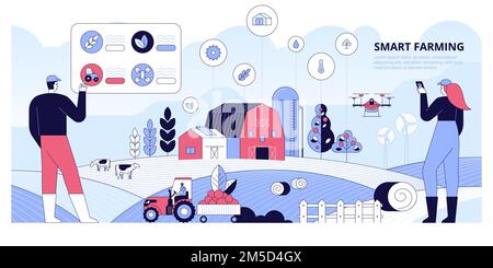 Smart farming with workers using AR for control and monitoring field. Digital agriculture and IOT technology. Farm management. Panoramic vector illust Stock Vector