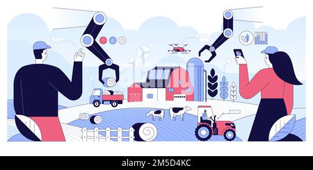 Futuristic technologies in farm industry. Smart farming. Wireless control plants growing, drone, wind mills, solar panels, agricultural automation and Stock Vector