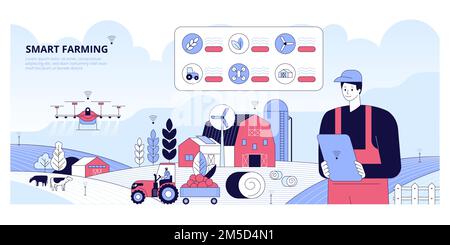 Smart farming and digital agriculture IOT concept. Farmer managing his industrial farm with a mobile app on his tablet. Panoramic vector illustration Stock Vector