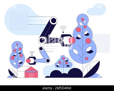 Farm robots using special programs for growing vegetables and harvesting with wireless control. Smart farming concept vector illustration on white bac Stock Vector