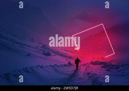 Modern futuristic neon abstract background. Large square glowing red object in the center and lonely man walking in the snow mountain. Dark scene with Stock Photo