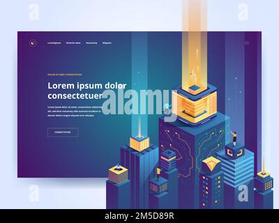 Smart architecture landing page vector template. Futuristic city website homepage interface idea with isometric illustrations. Digital technology, vir Stock Vector
