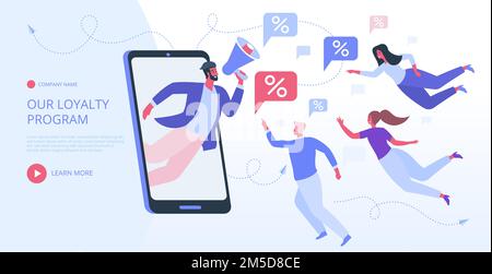Discount and loyalty marketing program for regular customers. Making order at online store. Customer service, rewards card points concept. Vector illu Stock Vector