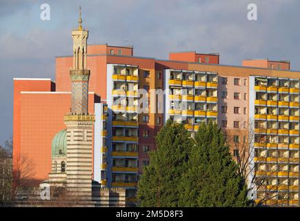 Potsdam, Germany. 27th Dec, 2022. The Steam Engine House (Pump House Mosque) stands in the light of the winter afternoon sun near the Neustadt Havel Bay in front of the high-rise buildings on Zeppelin Street. Credit: Soeren Stache/dpa/ZB/dpa/Alamy Live News Stock Photo