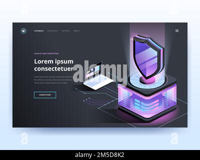 Cybersecurity software black landing page template. Antivirus website homepage interface idea with isometric vector illustrations. Malware protection Stock Vector