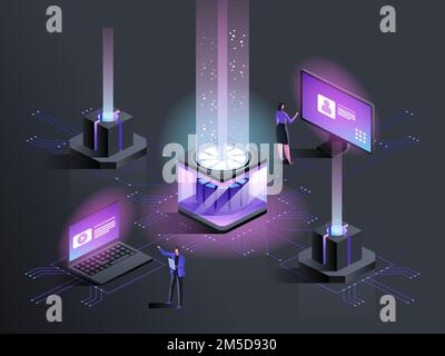 Website hosting service isometric illustration. Data center administrators, engineers 3D cartoon characters. Internet sites development, maintenance a Stock Vector