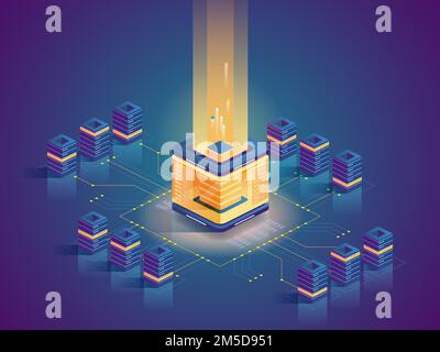 Cryptocurrency mining flat isometric illustration. Computer equipment, server farm architecture, computing power. Blockchain technology, modern busine Stock Vector
